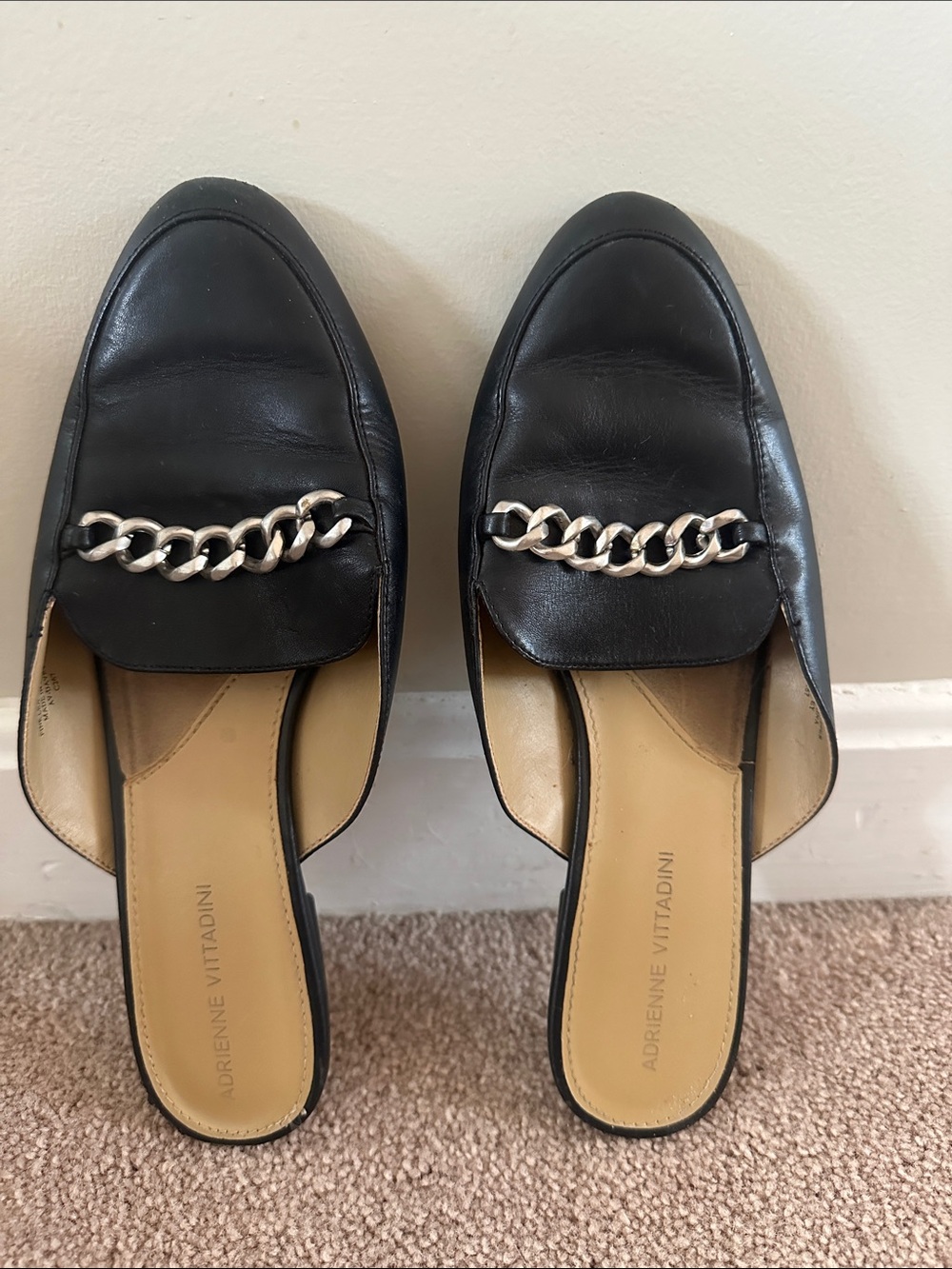 Adrienne Vittadini Black Leather Chain-Trim Mules
